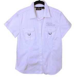 2008 Harley Davidson Blouse SSL Top Shirt Ladies-XL Pockets Buckles Logo White